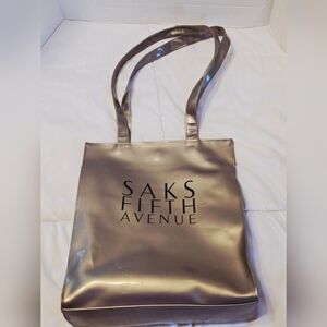 Vintage Saks Patent Logo Handle Bag Gold Vinil Tote Bag 11×13 Inch Y2K Retro